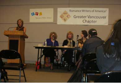 Susan moderating event at Vancouver Public Library with authors Kate Austin, Lee McKenzie and Kaylea Cross